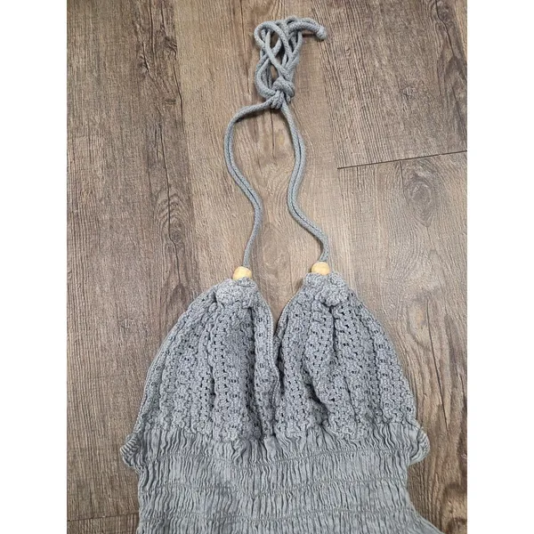 Blanco Mika Gray Cotton Made in Peru Halter Dress Eyelet Wood Beads Small - Image 4