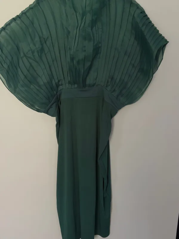 Green Midi Dress with Pleated Cape Detail - Image 2