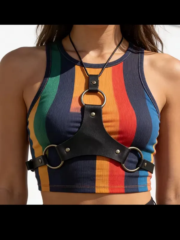 Black Leather Harness Necklace with Brass Rings - Image 2