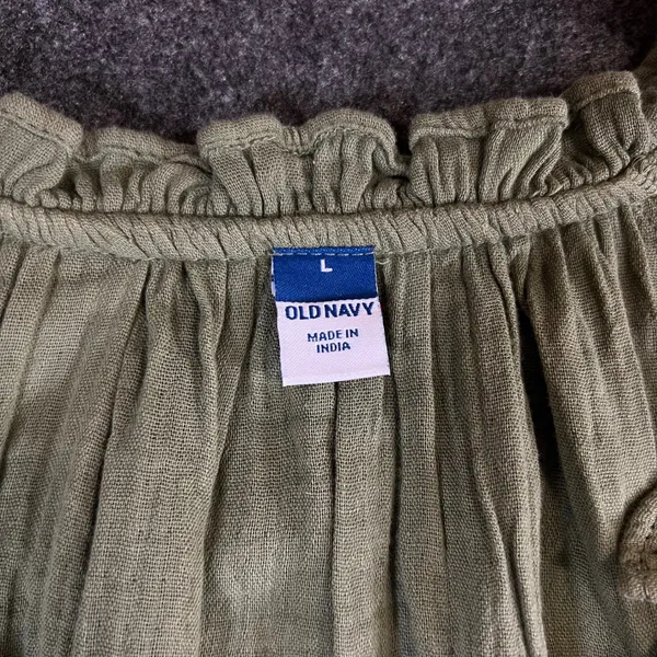 Old Navy Womens Olive Green Cotton Gauze Ruffle Neck Shift Dress Large Short Slv - Image 3