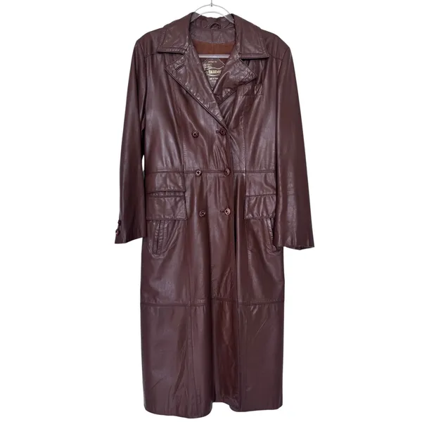 1970s The Tannery For Montgomery Ward Brown Leather Trench Coat M Long Coat - Image 2