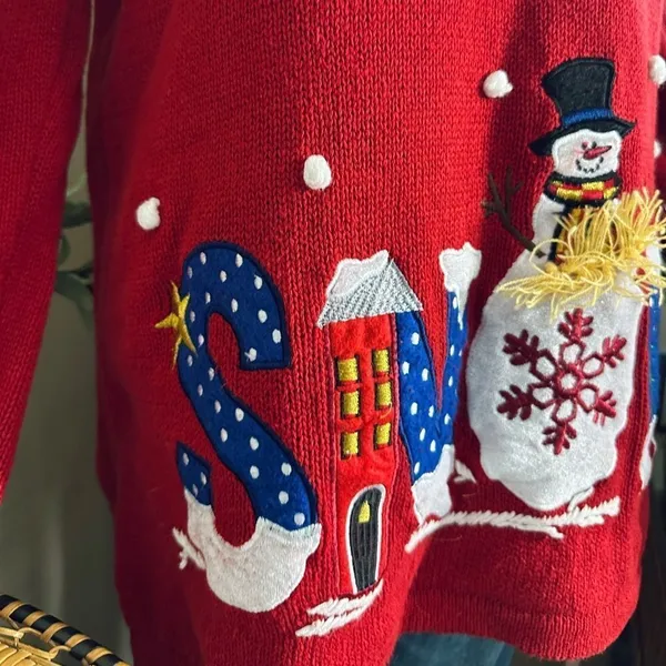 Vintage 90s Holiday Editions Christmas Whimsical Snowman Ugly Sweater - Image 3