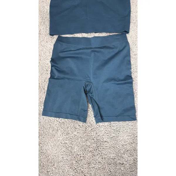 Women SHEIN Seamless Ribbed Activewear Set Sports Bra Biker Shorts Blue Large - Image 2
