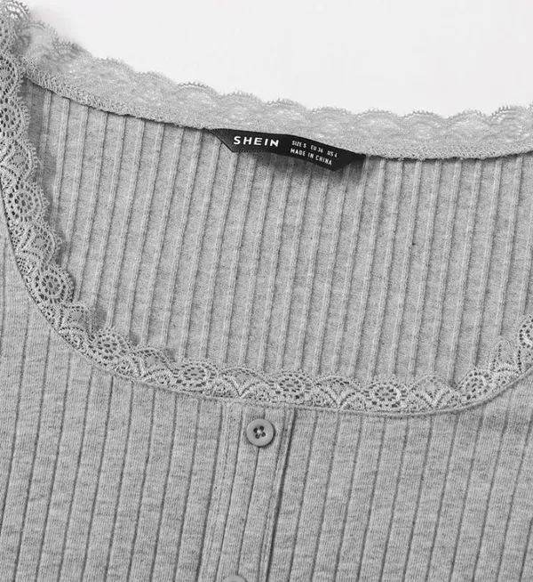 SheIn Lace Trim Button Front Rib Knit Tee - Image 4