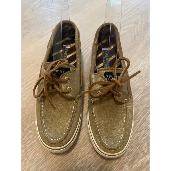 Sperry Top Sider Gold Glitter Suede Leather Boat Shoes Loafers 6.5 - Image 2