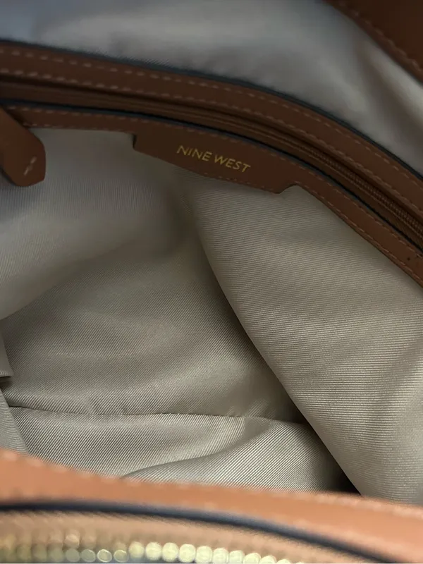 Nine West Cream Canvas Shoulder Tote Boho Bag with Brown Trim - Image 13