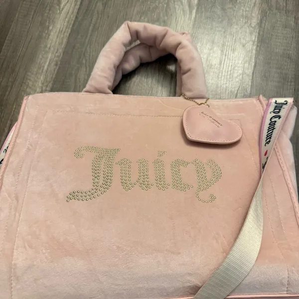 Juicy Couture Pink Velour Tote Bag Heart Coin Purse Crossbody Strap Y2K - Image 2