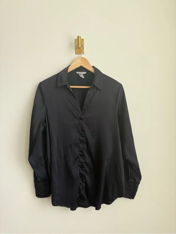 H&M Black Satin Button Down Blouse Women's Medium Long Sleeve Office Top - Image 3