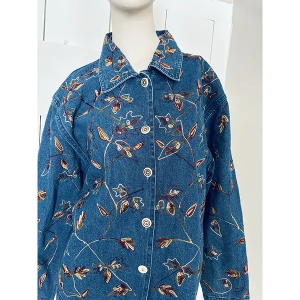 Vintage‎ Tantrums Embroidered Floral Denim Shirt Jacket Button Front Fall Leaves - Image 2