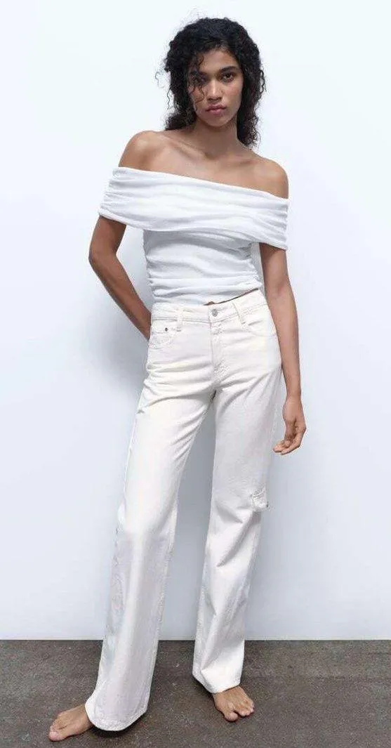 ZARA NWT White ruched off the shoulder top. Size Medium - Image 2