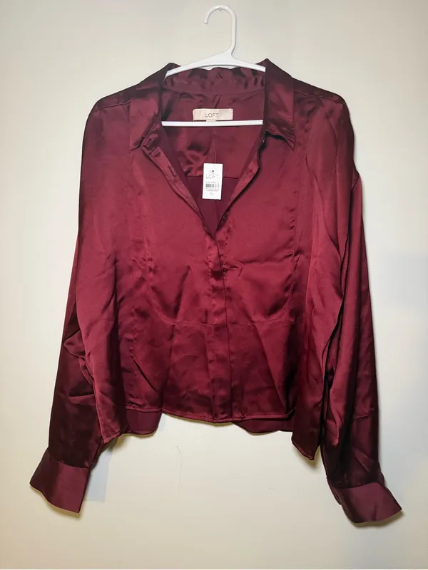 NWT LOFT Burgundy Satin Button Front Blouse Women XL Long Sleeve - Image 3