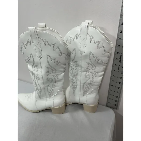 Womans Ixu Pullon Knee High Cowgirl Boots 8 White Embroidered Heel NWT - Image 3