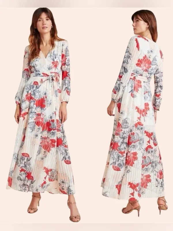Anthropologie Hutch Giselle Floral Chiffon‎ Wrap Maxi Dress Red Jardin Sz Medium - Image 2