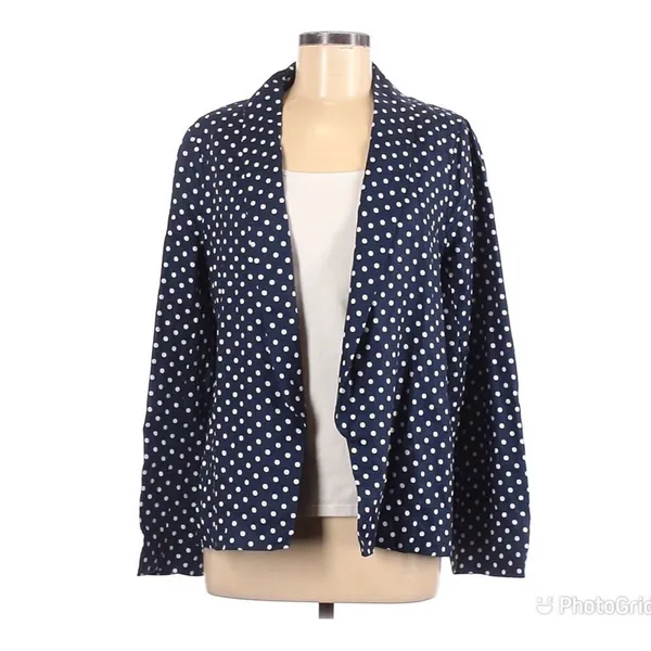 L’ACADEMIE Polka‎ Dot Linen Blazer Medium Navy Blue White Boyfriend Open Front - Image 2