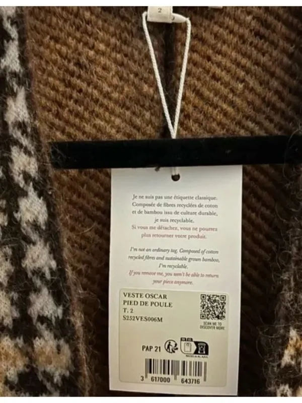Sézane NWT Oscar wool Jacket cardigan brown houndstooth open front SZ2 fit M L - Image 5