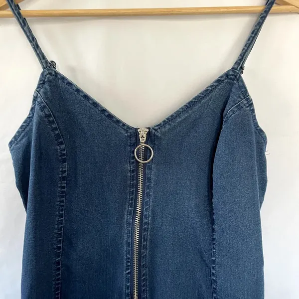 Iris‎ blue denim minidress women's size L full zip front spaghetti straps - Image 2