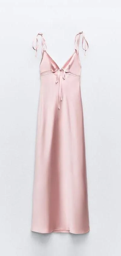 Zara dress maxi satin effect slip dusty pink tied wedding party evening - Image 14
