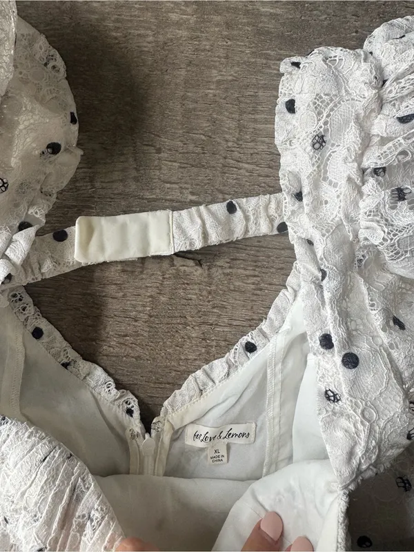 For Love & Lemons White Lace Mini Dress with Black Polka Dots - Image 3