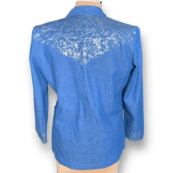 Vintage‎ Blue Denim Blazer Silver Polka Dot Boho Western Jacket Artsy Eclectic - Image 3