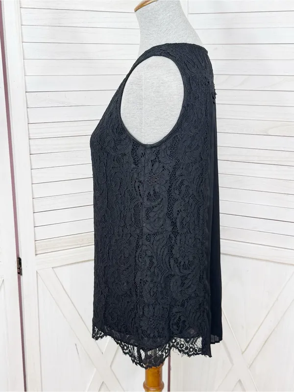 WHBM‎ Lace Front Pleated Chiffon Back Sleeveless Tank Top Black XS Coquette Goth - Image 2