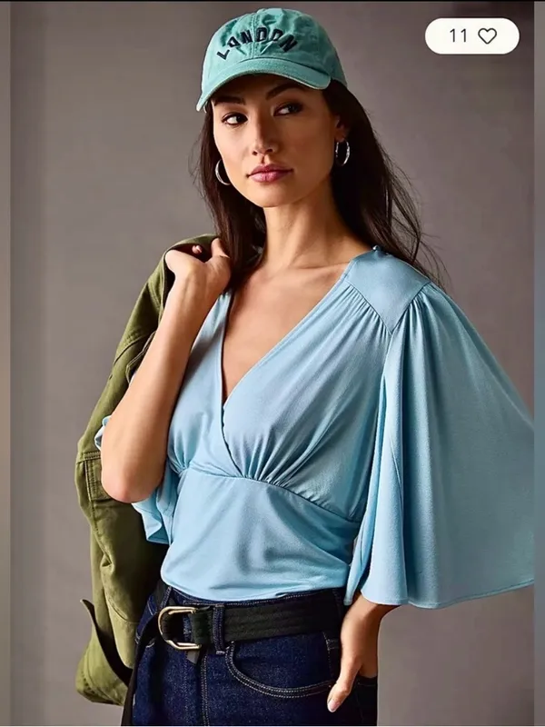 Anthropologie • Size S Blue V-Neck Wide Flowing Kimono Style Sleeves Blouse NWT - Image 8