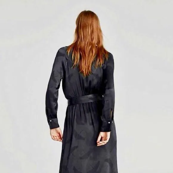 Zara NWT black v neck split hem tie belt long sleeve midi dress - Image 3