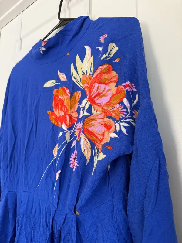 Free People Gemma Blue Floral Long Sleeve Tunic Minidress Open Back Size Medium - Image 3