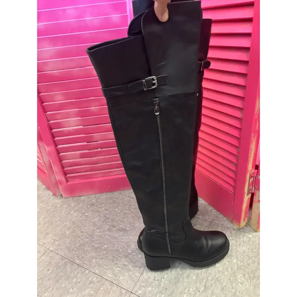 Tata Black Leather Over The Knee Boots Buckle Detail Low Block Heel Tall Boots - Image 10