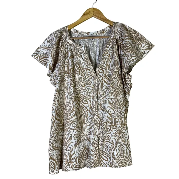 LOFT Floral Flutter Sleeve V-Neck Top Brown Cotton Tropical Boho Coastal Size M - Image 2