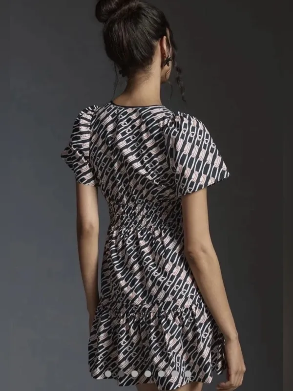 Anthropologie Somerset Cotton Smocked Waist Mini Dress Navy Link Pattern Large - Image 3