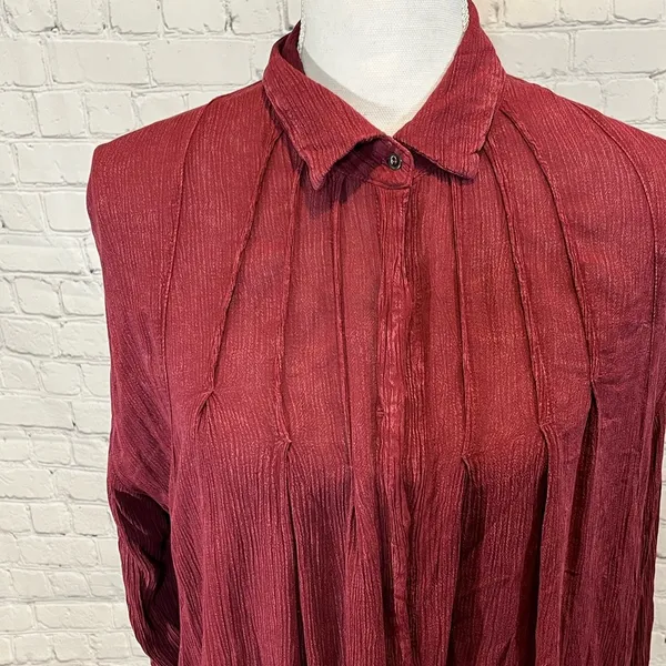 FREE PEOPLE Shirt Dress Long Sleeve Rayon Crinkle Burgundy-Small - Image 3