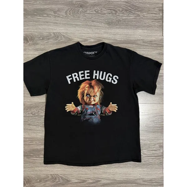 Chucky Free Hugs Horror Movie Graphic Women Tee L Black Cotton Shirt Halloween - Image 7