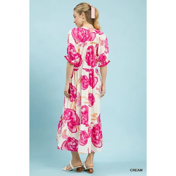 Umgee Floral Print Midi Dress with Contrast Trim - Cream - Small - Image 3