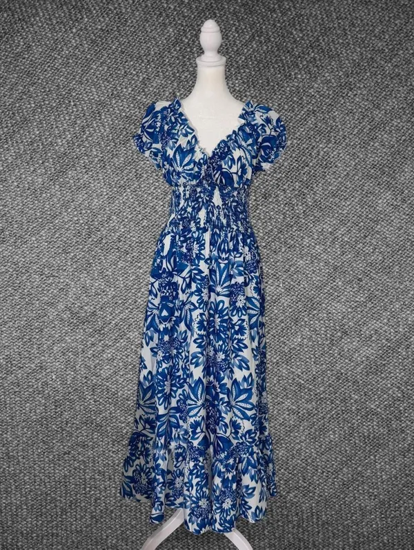 Blue White Floral Smocked Puff Sleeve Maxi Dress Size M - Image 3