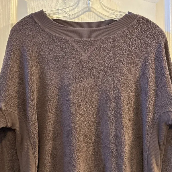 Aerie Oversized Sherpa Fleece Pullover Sweatshirt Women's Small‎ Brown - Image 7