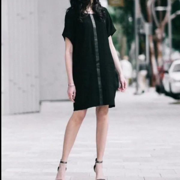 Madewell Leather Edged Easy Shirt Shift Mini Dress Solid Black Edgy LBD Size M - Image 2