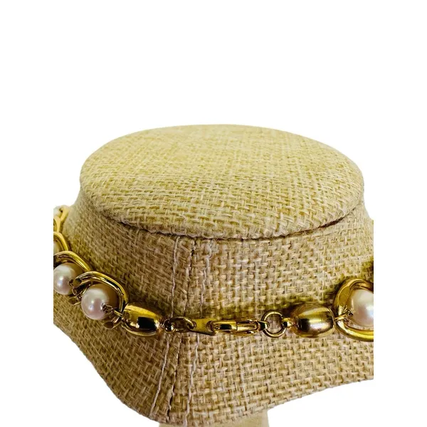 Vintage Gold Tone Chunky Heavy Gold Link w/Faux‎ Pearl 16" Necklace - Image 2