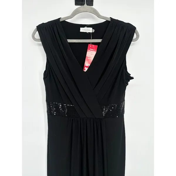 Calvin Klein Size‎ 6 Black Formal Surplice Maxi Dress Sequin Waist Faux Wrap - Image 2