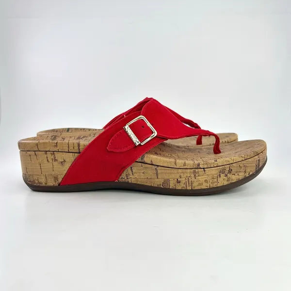 Vionic Orthaheel Marbella Red Textile Thong Buckle Cork Wedge Sandals 8W Coastal - Image 5