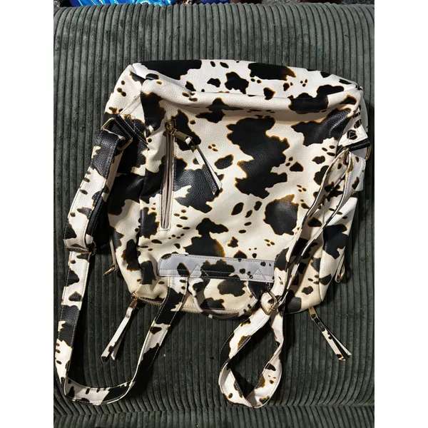 Boutique Cow Print Backpack Purse Womens OS White Black Vegan Leather Western - Image 2