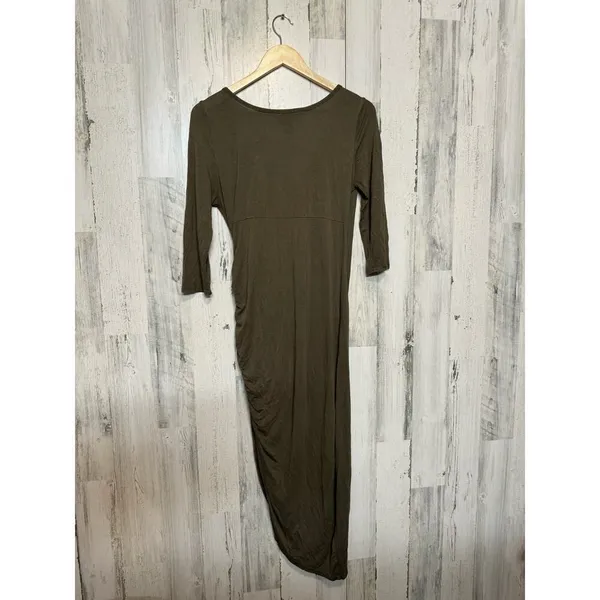 Hot Kiss Olive Green Draped Maxi Dress Ruched Side Long Sleeve Size XL - Image 3