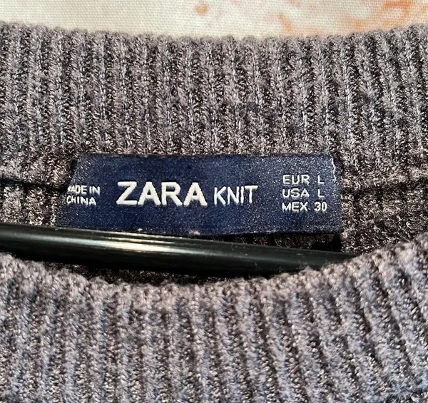 Zara knit crew neck semi cropped sweater pullover grey long sleeve L ribbed - Image 4