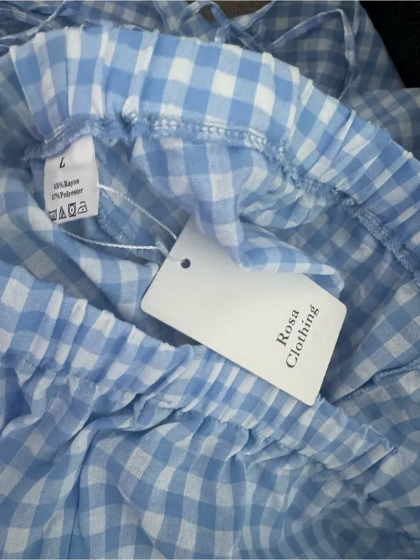 Rosa Clothing Y2K Blue Gingham Bow Tie Side Slit Wide Leg Pants New Large - Image 2
