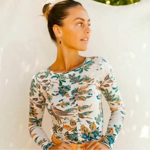 Free People Dreamed Of You Long Sleeve Lettuce Hem Floral Top NWT NEW Teal Combo - Image 4