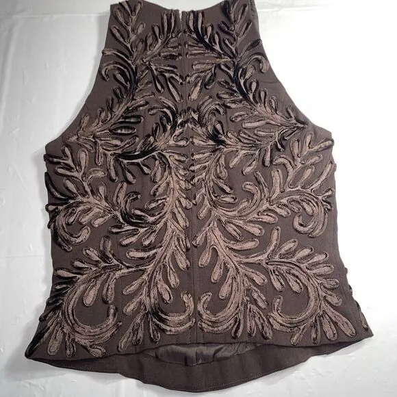Carmen Marc Valvo‎ Sleeveless Zip Back Embroidered Brown Tank Top 2 - Image 5