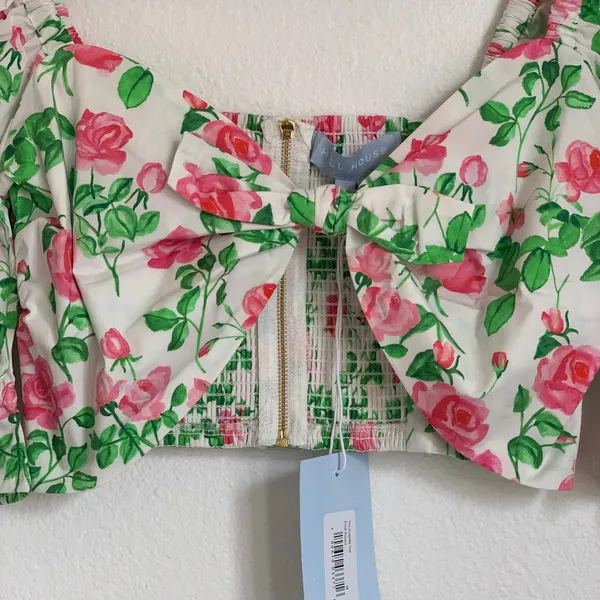 NWT Hill House Home‎ Puff Sleeve Floral Bow Crop Top in White/Pink - Image 5
