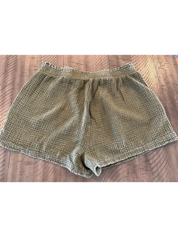 Earthbound Olive Green Double Gauze Boho Loungewear Shorts with Pockets L - Image 2