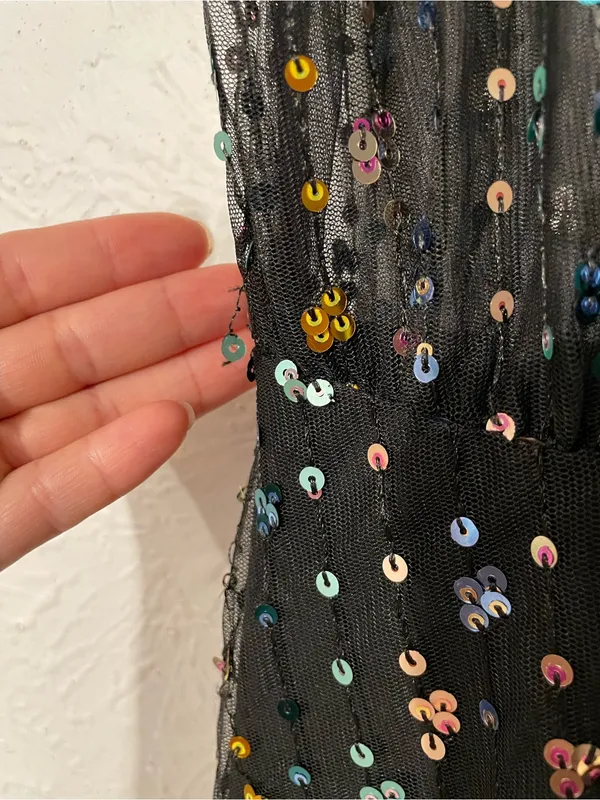 Dress the Population Black Sequin Collared Midi Dress Multicolor Button Down XS - Image 4
