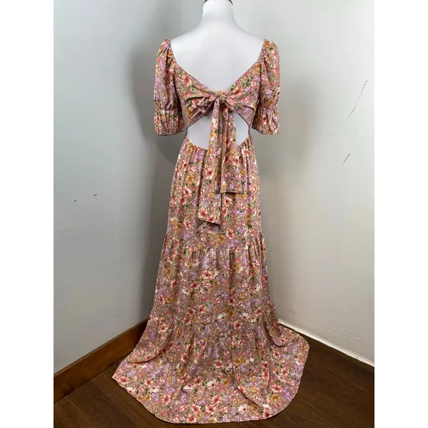 Inmod Pink Floral Puff Sleeve Open Tie Back Maxi Dress Small Romantic Feminine - Image 5