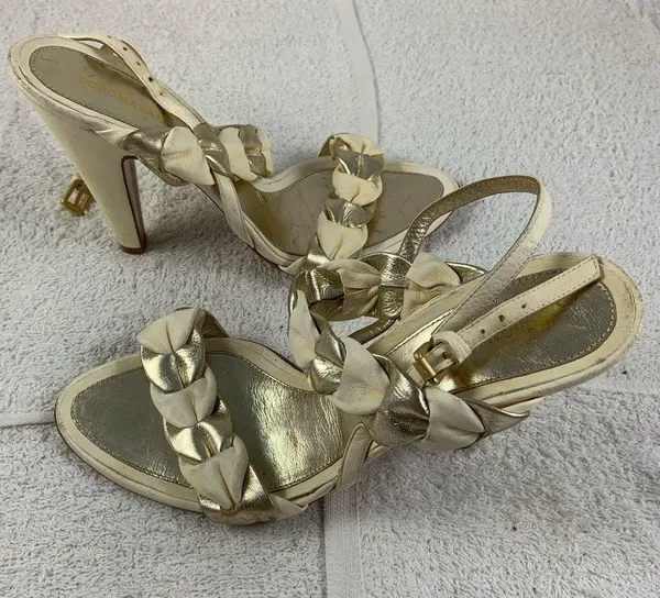 Bcbg maxazria White Gold braided peep toe heels - Image 4